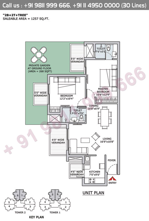 2B+2T+Tree Tower 1 2 Area:1257 Sq.Ft.