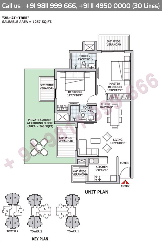 2B+2T+Tree Tower 1 2 7 Area:1257 Sq.Ft.